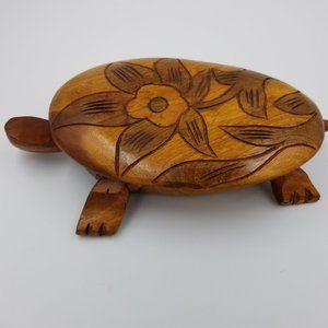 Hand Carved Wooden Folk Art Turtle Trinket Box